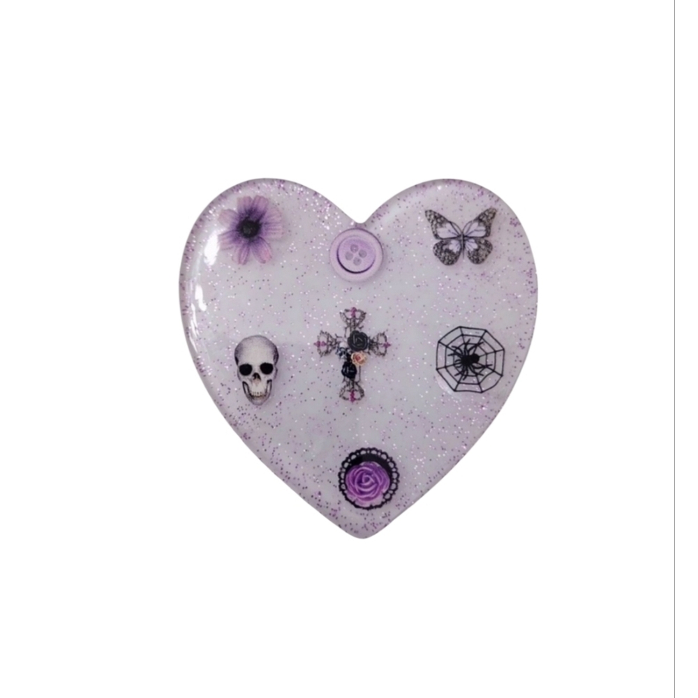 Heart-Shaped‎ Glittery Resin Adhesive Expandable Phone Grip with Purple Accents